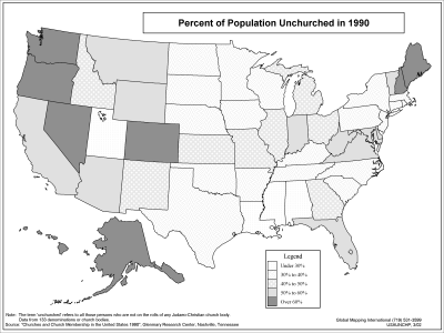 Percent of Population Unchurched in USA by State (BW) - Click Image to Close