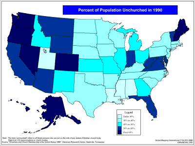 Percent of Population Unchurched in USA by State