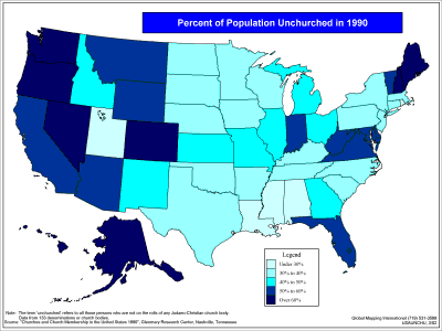 Percent of Population Unchurched in USA by State - Click Image to Close